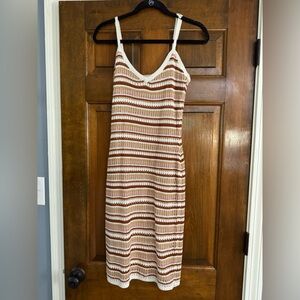 Pink Rose and Brown Multicolor Striped Midi Dress